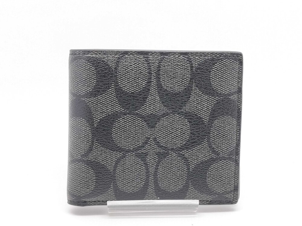 Coach Charcoal Black Signature Canvas Compact Bifold Wallet with Coin Pocket